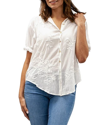 Karyn Seo Floral Embroidery Collared Neckline Short Cuffed Sleeve Shirt