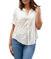 Karyn Seo Floral Embroidery Collared Neckline Short Cuffed Sleeve Shirt