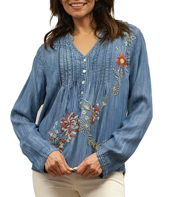 Karyn Seo Floral Embroidery V Neckline Long Sleeve Blouse