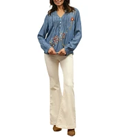 Karyn Seo Floral Embroidery V Neckline Long Sleeve Blouse