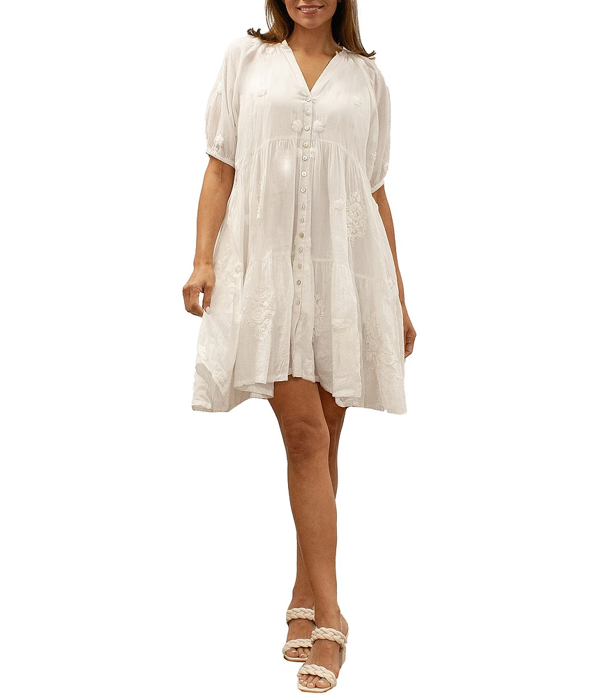 Karyn Seo Floral Embroidery V Neckline Short Sleeve Dress