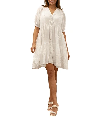Karyn Seo Floral Embroidery V Neckline Short Sleeve Dress