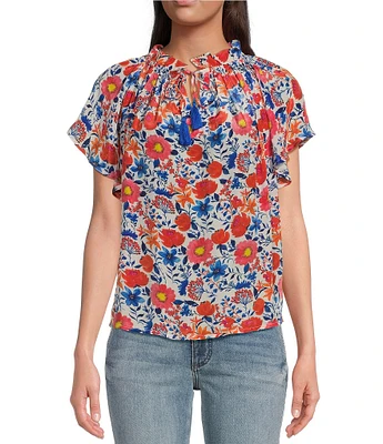 Karyn Seo Floral Printed Split Tie V-Neck Short Flutter Sleeve Top