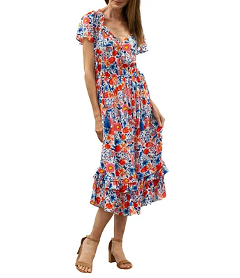 Karyn Seo Floral Printed V-Neck Short Sleeve Midi Dress