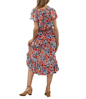 Karyn Seo Floral Printed V-Neck Short Sleeve Midi Dress