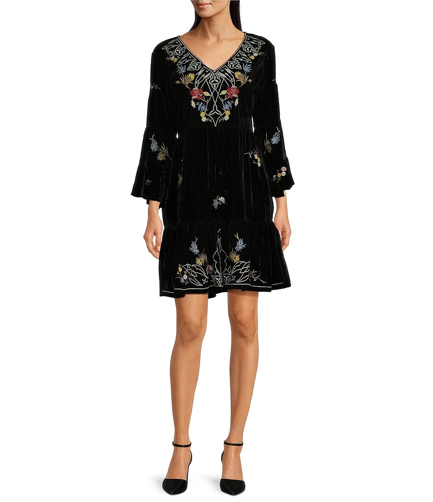 Karyn Seo Frida Embroidered Velvet V-Neck Long Sleeve Peasant Dress