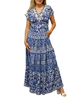 Karyn Seo Gypsy Bohemian Print Cinched Waist V-Neck Short Sleeve Maxi Dress