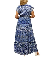 Karyn Seo Gypsy Bohemian Print Cinched Waist V-Neck Short Sleeve Maxi Dress