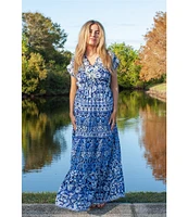 Karyn Seo Gypsy Bohemian Print Cinched Waist V-Neck Short Sleeve Maxi Dress