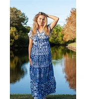 Karyn Seo Gypsy Bohemian Print Cinched Waist V-Neck Short Sleeve Maxi Dress