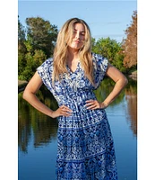 Karyn Seo Gypsy Bohemian Print Cinched Waist V-Neck Short Sleeve Maxi Dress