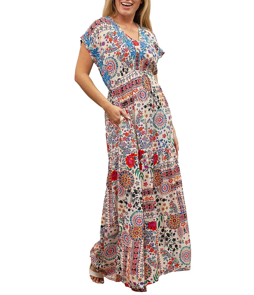 Karyn Seo Gypsy Bohemian Print Cinched Waist V-Neck Short Sleeve Maxi Dress