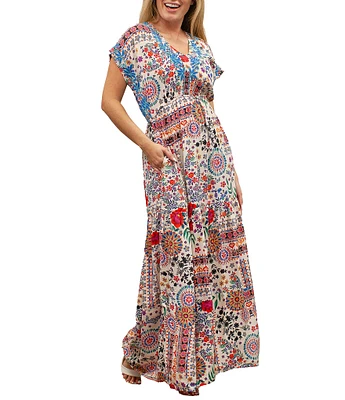 Karyn Seo Gypsy Bohemian Print Cinched Waist V-Neck Short Sleeve Maxi Dress