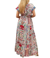Karyn Seo Gypsy Bohemian Print Cinched Waist V-Neck Short Sleeve Maxi Dress
