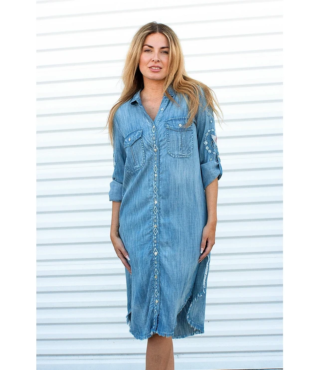 karyn seo denim dress Karyn Seo Isa Denim Chambray Vintage Inspired Embroidered Point Collar 34 Roll-Tab Sleeve Butto, Womens, S, Multi