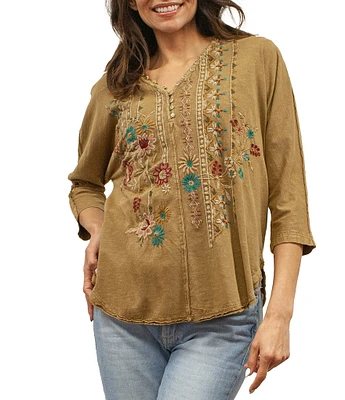 Karyn Seo Knit Embroidered Mally V-Neck 3/4 Sleeve Blouse