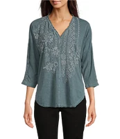 Karyn Seo Knit Lanna Embroidered 3/4 Sleeve V-Neck Top