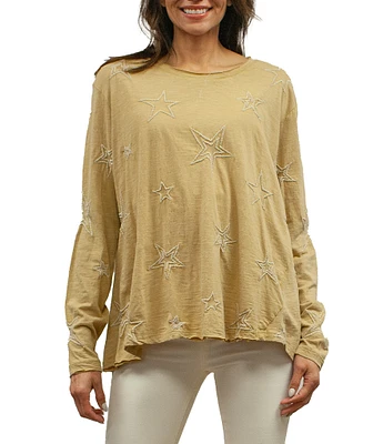 Karyn Seo Malesa Star-Embroidered Slub Round Neck Long Sleeve Top