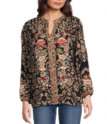 Karyn Seo Maria Damask Print Floral Embroidered Split V-Neck Long Sleeve Blouse