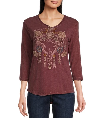 Karyn Seo Mollie Embroidered Slub V-Neck 3/4 Sleeve Top