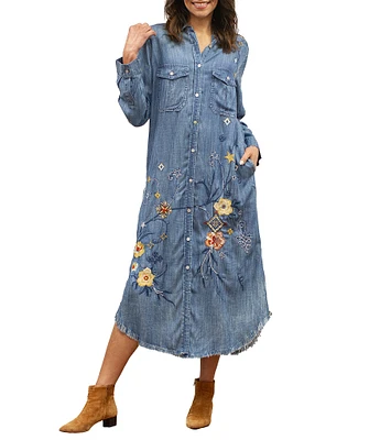 Karyn Seo Nika Floral Embroidered Collared Button Front Shirt Dress