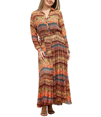 Karyn Seo Abstract Printed Chiffon Collared Neckline Long Sleeve Maxi Dress