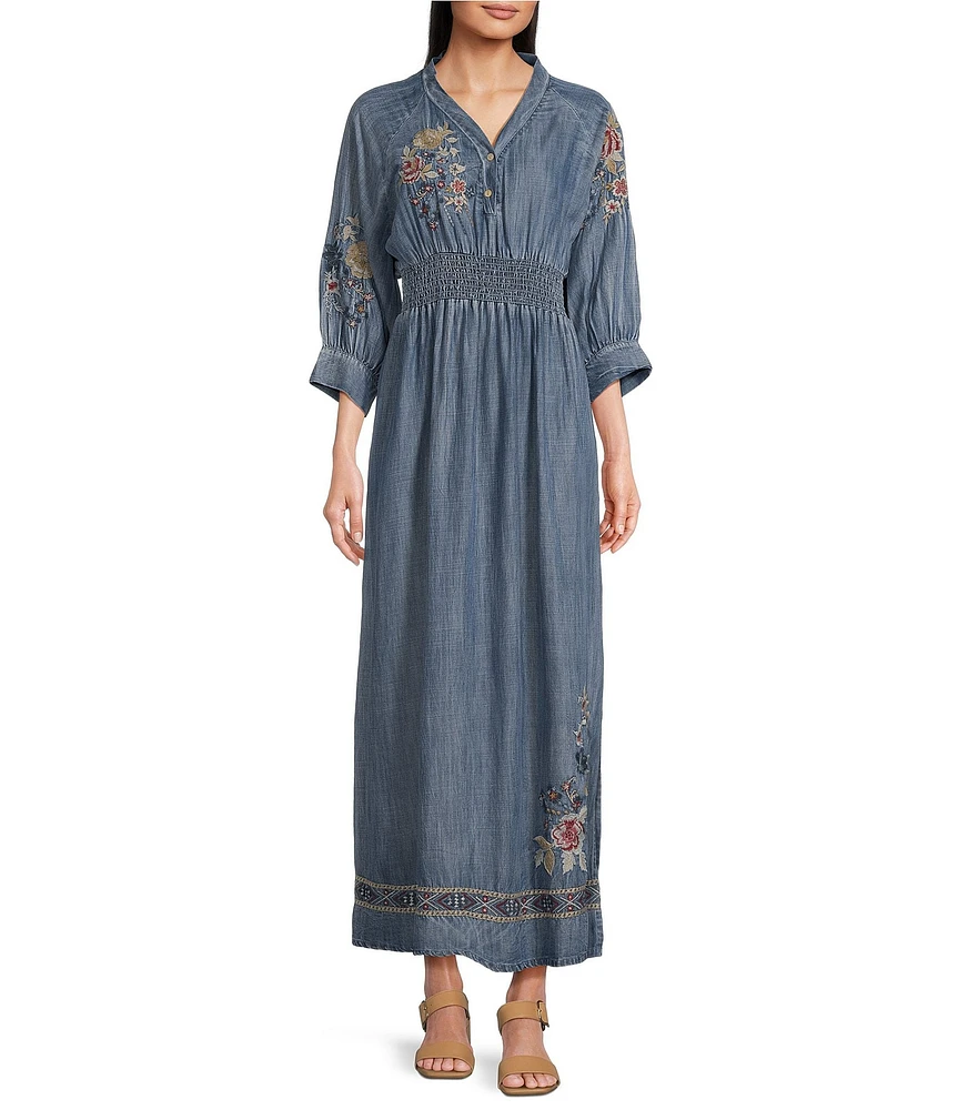 Karyn Seo Samara Embroidered Tencel V-Neck 3/4 Sleeve Maxi Dress