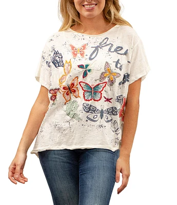 Karyn Seo Sariah Graphic Print Crew Neck Flutter Sleeve Oversize Fit Boxy Tee