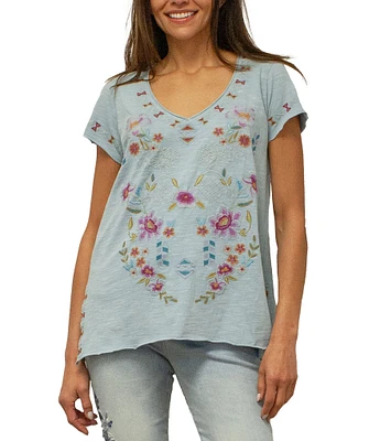 Karyn Seo Tilly Embroidered Floral and Geometric Short Sleeve Tee