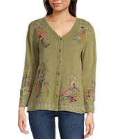 Karyn Seo Tove Embroidered Thermal V-Neck Long Sleeve Button Front Cardigan Top