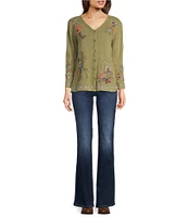 Karyn Seo Tove Embroidered Thermal V-Neck Long Sleeve Button Front Cardigan Top