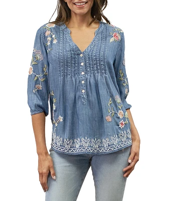 Karyn Seo Tyra Embroidered Chambray V-Neck 3/4 Sleeve Blouse