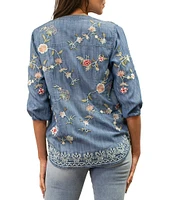 Karyn Seo Tyra Embroidered Chambray V-Neck 3/4 Sleeve Blouse