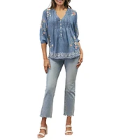 Karyn Seo Tyra Embroidered Chambray V-Neck 3/4 Sleeve Blouse