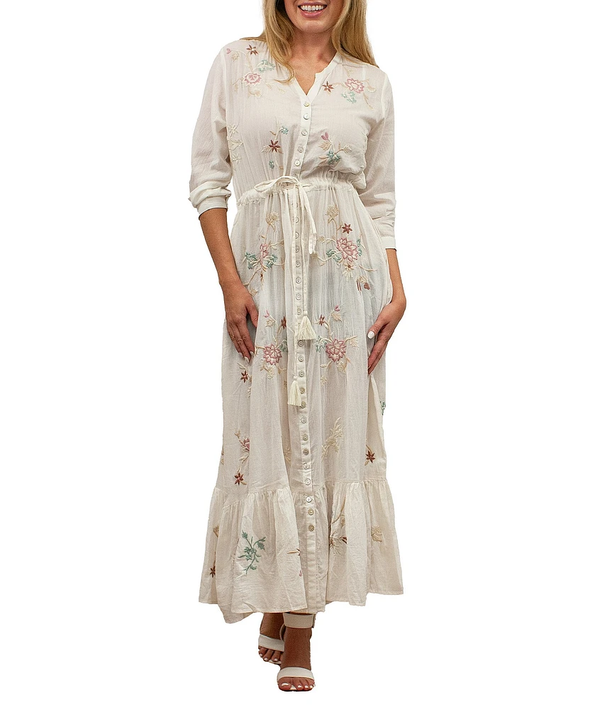 Karyn Seo Yael Cotton Floral V-Neck 3/4 Sleeve Button Front Maxi Shirt Dress