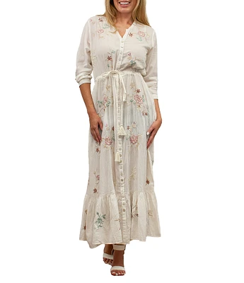 Karyn Seo Yael Cotton Floral V-Neck 3/4 Sleeve Button Front Maxi Shirt Dress
