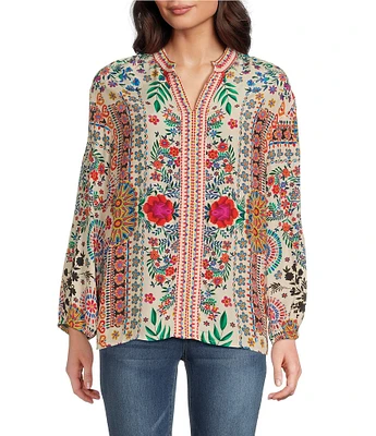 Karyn Seo Ziggy Floral Embroidered Notch V-Neck 3/4 Sleeve Blouse