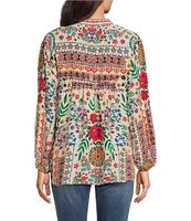 Karyn Seo Ziggy Floral Embroidered Notch V-Neck 3/4 Sleeve Blouse