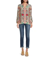 Karyn Seo Ziggy Floral Embroidered Notch V-Neck 3/4 Sleeve Blouse