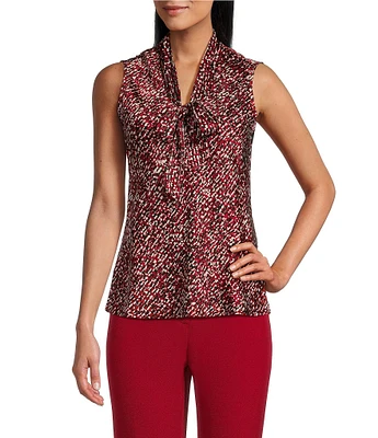 Kasper Abstract Printed Flat Satin Tie-Front Sleeveless Top