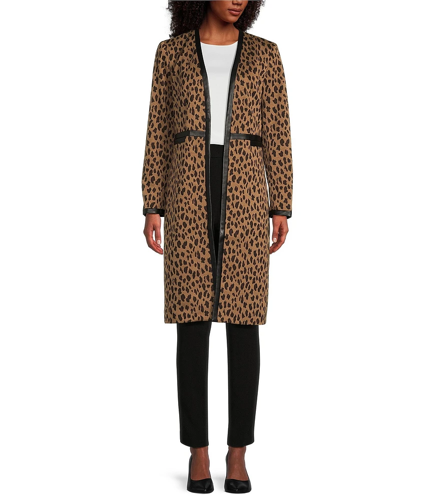 Kasper Animal Print Jacquard Open Front Long Sleeve Cardigan