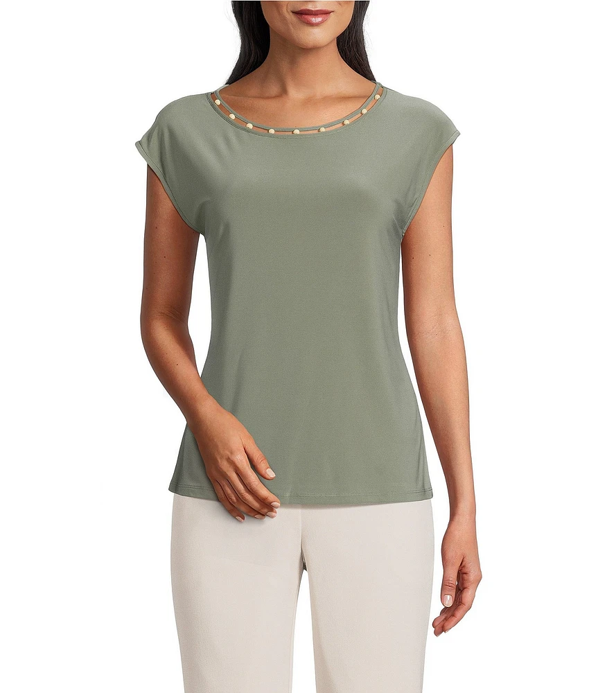 Kasper Beaded Round Neck Cap Sleeve Top