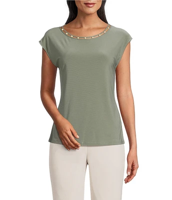 Kasper Beaded Round Neck Cap Sleeve Top