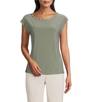 Kasper Beaded Round Neck Cap Sleeve Top