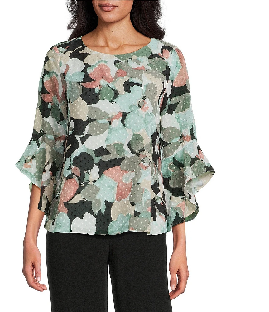 Kasper Boat Neck 3/4 Ruffle Sleeve Clip Dot Chiffon Blouse