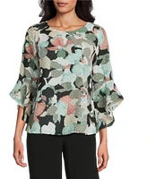 Kasper Boat Neck 3/4 Ruffle Sleeve Clip Dot Chiffon Blouse