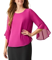 Kasper Chiffon Crew Neck 3/4 Ruffle Sleeve Blouse