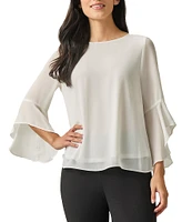 Kasper Chiffon Crew Neck 3/4 Ruffle Sleeve Blouse