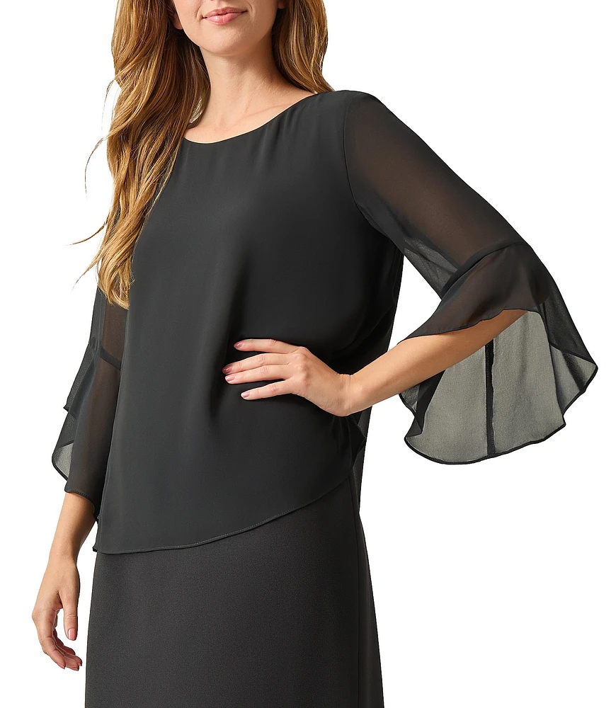 Kasper Chiffon Crew Neck 3/4 Ruffle Sleeve Blouse