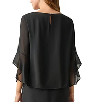 Kasper Chiffon Crew Neck 3/4 Ruffle Sleeve Blouse